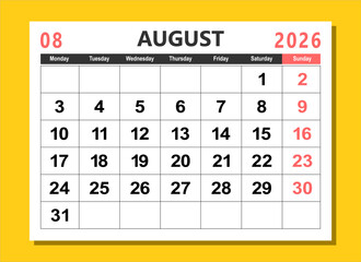 2026 calendar page design vector illustration. The week start on monday