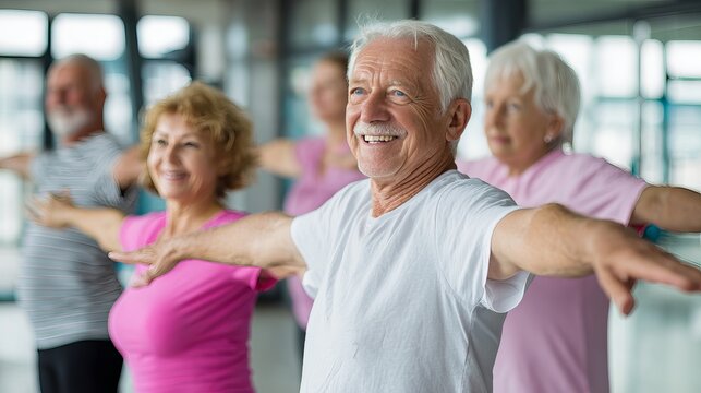 Happy Senior Citizens Group Fitness Class Active Healthy Lifestyle Exercise Wellness Stretching Arms Smiling Joyful Positive Energy Retirement Wellbeing Mature Adults Active Aging 