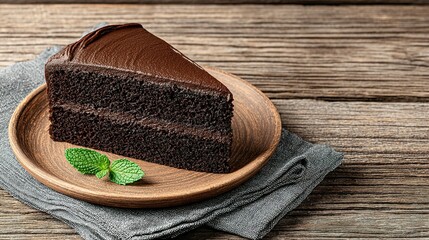 A slice of rich chocolate cake on a wooden plate.
