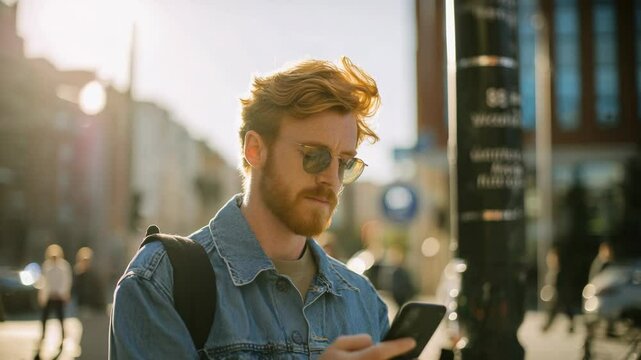 Young man using smartphone outdoors urban scene