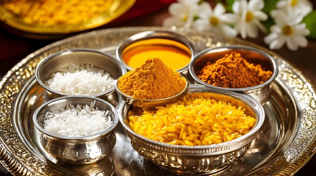 Assorted spices and rice in small bowls on a decorative tray.