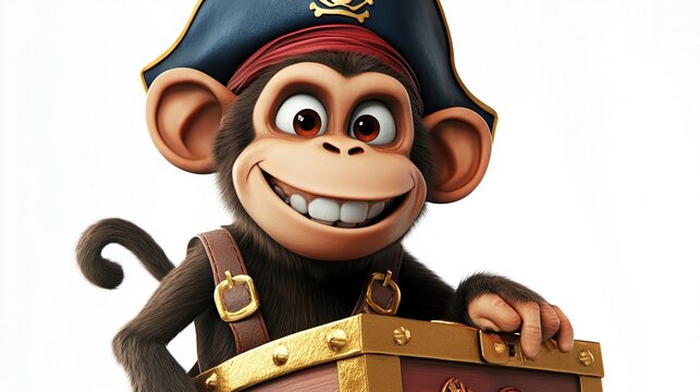 Animated monkey pirate with chest, smiling; isolated on white background