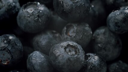 An up-close view of fresh blueberries covered in water droplets. The vibrant blue color of the berries is highlighted, emphasizing their freshness and juiciness, perfect for healthy eating. - Powered by Adobe