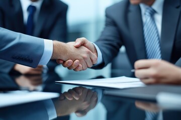 Two Businesspeople Engaging in a Handshake Across a Table in a Modern Office Setting