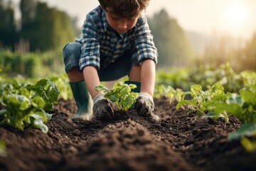 Young Child Helping to Plant Seeds in Community Garden for Environmental Awareness and Growth