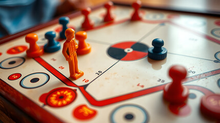 A game of carom set and ready to play. A game of carrom with pieces carrom man on the board carrom. Carom board game, selective focus.