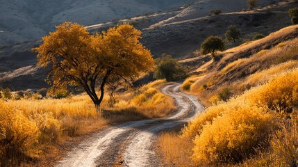 Obraz premium Autumn Landscape Scenic Winding Road Golden Tree Hillside Nature Photography Rural Countryside Fall Season Vibrant Colors Sunny Day Peaceful Scenery Picturesque View Beautiful 