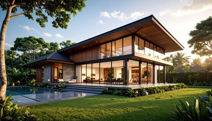 Elegant two-story villa with modern architectural design amidst lush greenery