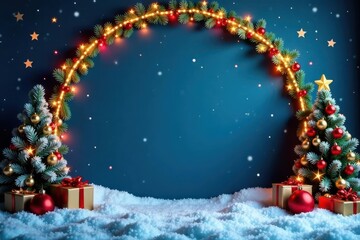 Elegant Xmas arch border, blue backdrop Festive banner template, copy space , visual, stockphoto