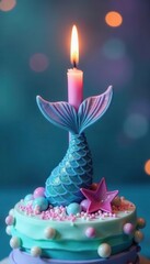 Glittery mermaid tail candle, ocean-themed birthday , sparkly, ocean, celebration