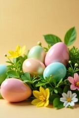 Gold & pastel Easter eggs nestled in spring greenery on beige, Easter celebration, photo, springtime