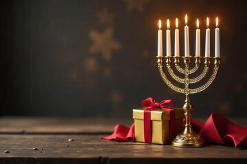 Golden menorah & gift box on rustic wood, Hanukkah setting, box, texture, hope