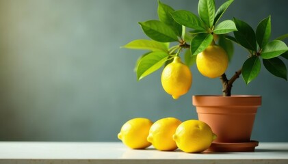 Ripe lemons on countertop beside thriving potted lemon tree , sprout, potted