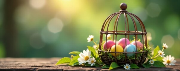 Rustic birdcage filled with colorful eggs and delicate wildflowers Soft spring light , eggs, floral arrangement
