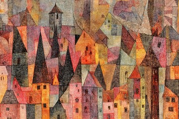 An abstract representation of a lively town filled with uniquely shaped buildings. The colorful composition features a mix of warm and cool tones, emphasizing a whimsical atmosphere.