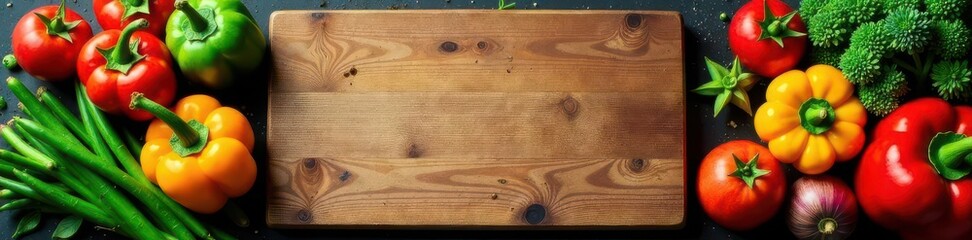 Rustic wooden cutting board, vintage border, colorful vegetables & spices , space, detail