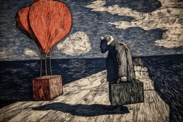 A solitary man in a dark coat walks along a wooden pier holding a suitcase. Two vibrant hot air balloons hover above the calm waters as the sun sets, creating a serene atmosphere.