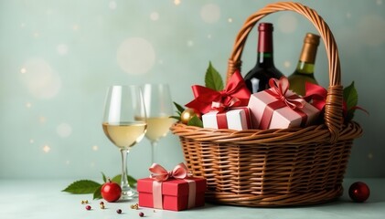 Rustic wicker basket overflowing with gifts beside wine bottle and glasses , setting, alcohol, table