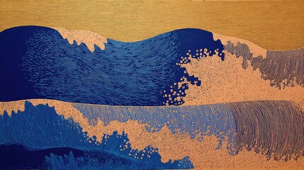 Layers of blue waves crash against a golden backdrop, capturing the beauty of the ocean at sunset. The dynamic textures create a lively coastal atmosphere.