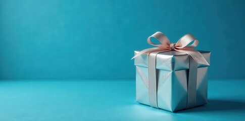 Silver gift box with tied bow, blue backdrop Perfect for holiday promotions , detail, photo, packaging
