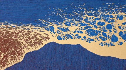 Gentle waves roll onto the shore, creating intricate foam patterns on the sandy beach under a clear blue sky, highlighting the beauty of nature in a coastal environment.