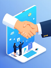 Job Offers. Isometric concept. The Hand comes out of the screen to Shake hands.  Successful transaction. Vector Illustration