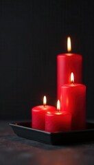 Three burning red candles arranged on a black rectangular tray, arrangement, color, burning