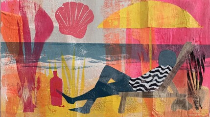 A person resting in a beach chair, surrounded by colorful umbrellas and beach elements, enjoys a sunny day by the ocean. The vibrant atmosphere evokes relaxation and leisure.