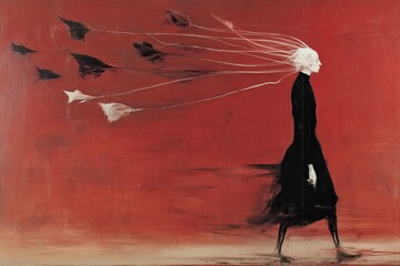 A figure walks against a vibrant red background with abstract shapes and flowing lines, conveying a sense of movement and emotion