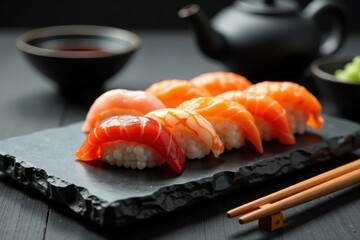 Variety of sushi pieces with soy sauce, wasabi, and a teapot on a dark stone platter , restaurant food, authentic, oriental food