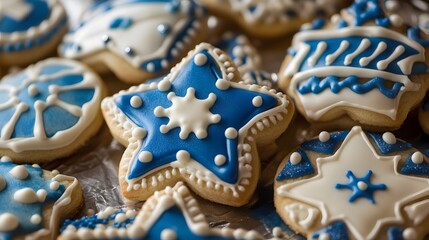Close-up view of decorated Christmas cookies.