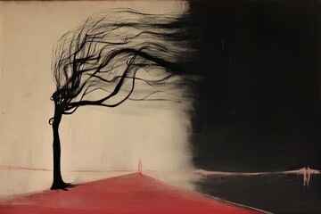 A solitary tree leans against fierce winds, its branches twisting dramatically. The contrast of vibrant colors against dark hues emphasizes the turbulent atmosphere during dusk.