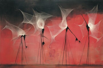 Wind turbines stand tall on stilts, their blades twisting into unique shapes under a vibrant red sky during sunset. The scene evokes a sense of movement and beauty in nature.
