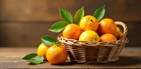 Vibrant citrus fruits in woven basket; warm wooden backdrop , orange, top view, juicy