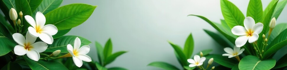 Vibrant green tropical foliage and pristine white flowers against a muted gray Summer feel , flatlay, vacation, gray