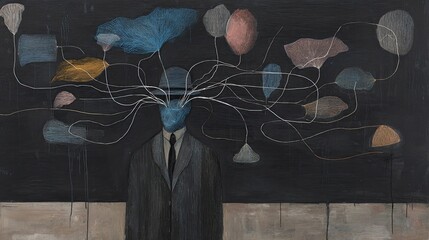 An abstract figure stands with a blue head, dressed in a dark suit. Colorful shapes float around, connected by thin lines in an artistic display of creativity and imagination.