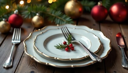 Vintage silver cutlery arranged on bare festive table with ornaments, visual, elegant, silver