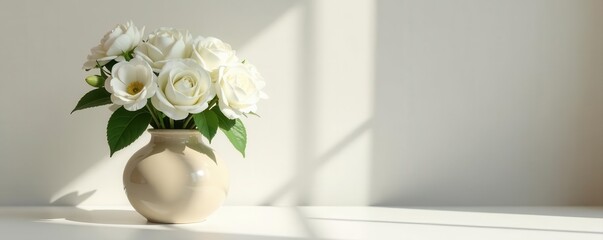 White blooms in beige vase, shadow detail on white kitchen counter , detail, serene