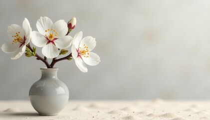 White cherry blossom branch, small grey vase, sandy backdrop Copy space , white flowers, arrangement