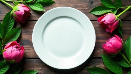White plate atop aged wood; green peony foliage surrounds , design, peony, vintage