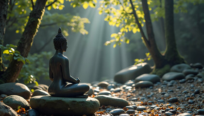 Meditating Figure in Serene Forest with Sunlight Beams