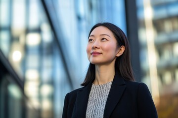 Happy young Chinese business woman standing confidently on city street near sleek modern buildings perfect for corporate success and diversity in global business concept achievement