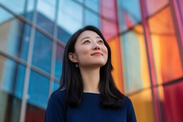 Confident Chinese female entrepreneur standing near contemporary buildings perfect for professional achievement and international business growth concept showcasing corporate success
