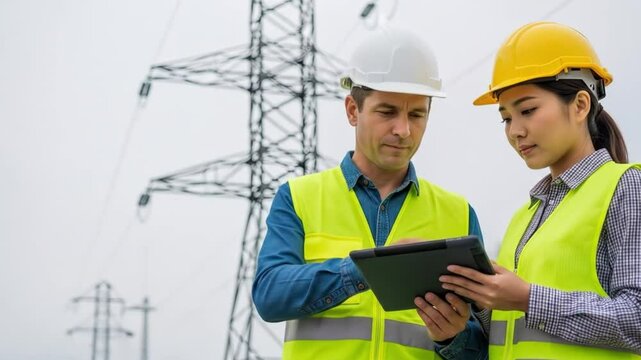 Powerline engineers collaborating on a digital tablet reviewing project details innovative energy solutions