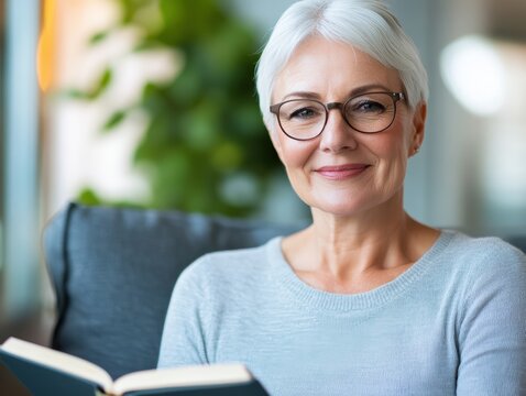Relaxed senior woman enjoying reading time in comfortable home nook during stress-free retirement lifestyle with secure pension and financial planning success. Elderly woman reading corner at home.