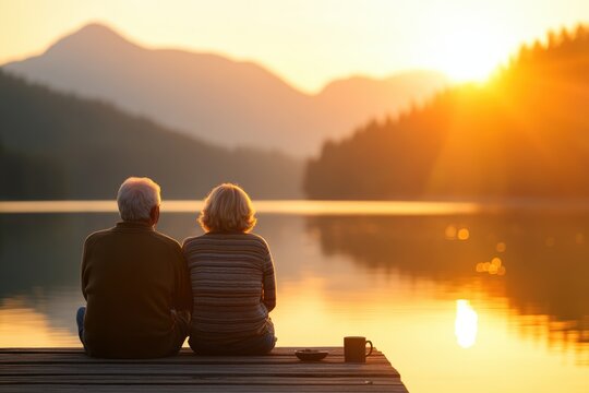 Happy senior couple sitting on wooden pier at scenic lake during golden sunset. Secure retirement and successful financial planning achievement. Retirement lifestyle and future freedom together.