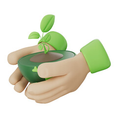 Green seedling growing on planet earth in hand reflects sustainability, ecology, and planet care. Promotes eco living, climate action, and biodiversity. Transparent background, 3d illustration.