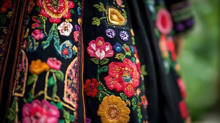 Detailed close-up of vibrant embroidered floral design on dark fabric.