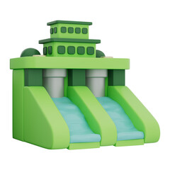 3D illustration of hydroelectric dam with water turbine, green energy, and power solution. Represents eco-friendly electricity, renewable water energy. Transparent background, 3d illustration.