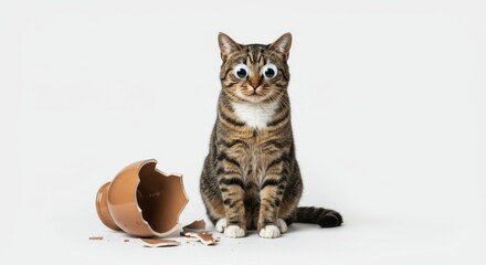 Guilty Tabby Cat with Googly Eyes Beside a Broken Vase on White Background